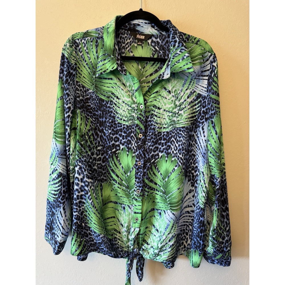 Slim Factor Long Sleeved Palm Leopard Front‎ Tie Blouse Size L